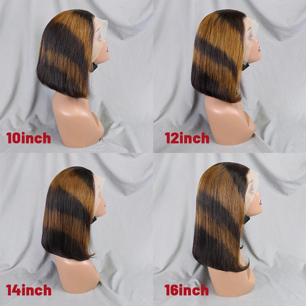 Wig rambut manusia Bob Ombre lurus dengan kepadatan 200% UNTUK WANITA HITAM 13x4 Wig rambut Remy Brasil 10-16 inci Wig pendek