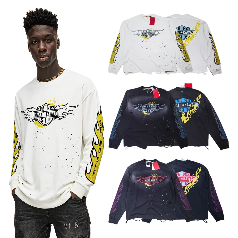 Y2k Streetwear Letter Graphic T Shirts with Rhinestones High Street Style Cotton Retro Distressed Ripped Casual Long Sleeve Tees