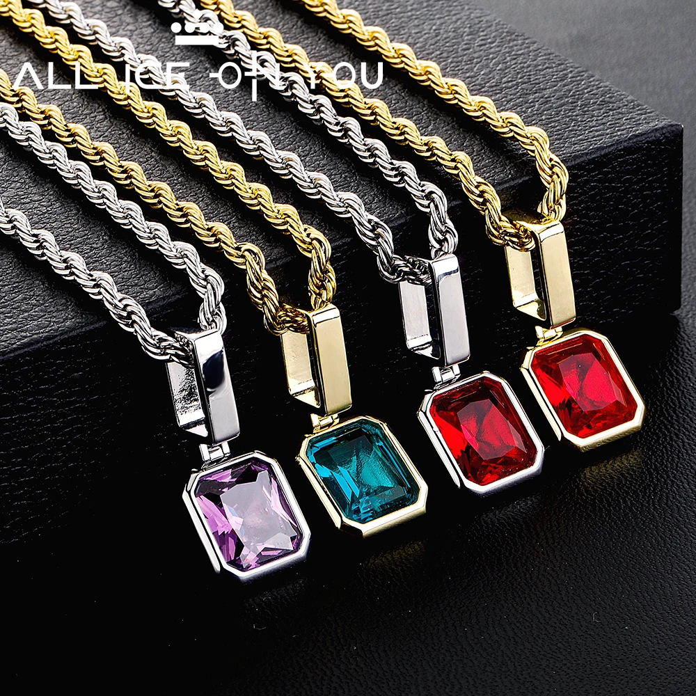 ALLICEONYOU Colorful Iced Out Square Large Gem Jewelry Luxury Popular Pendant Necklace for Women Gift Crucifix Tennis Chains