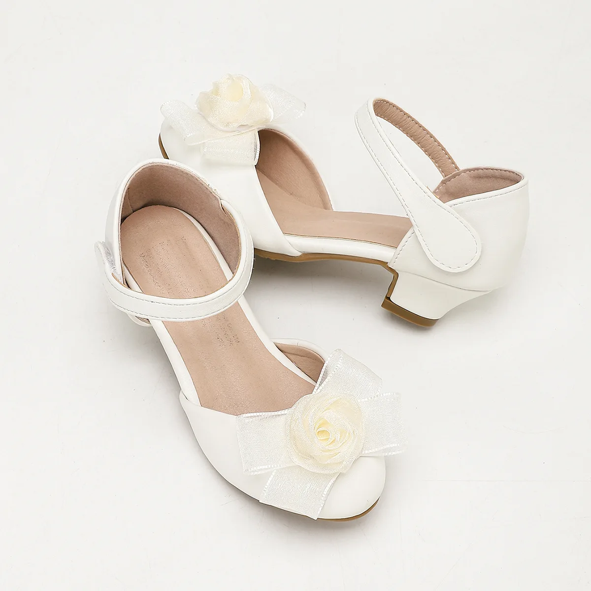 Girls White Ribbon Heels Student Satin Party Pumps Children Durable Bow Sandals Princess Dress Shoes for Performance & Wedding