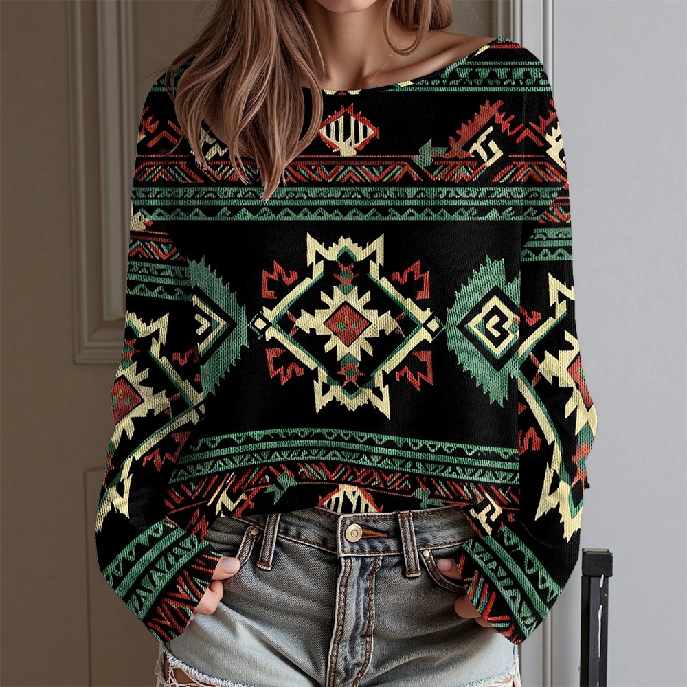 

Leaf element Women's sweater with exposed collarbone casual women's sweater Flower leaf pattern Long-sleeved sweater