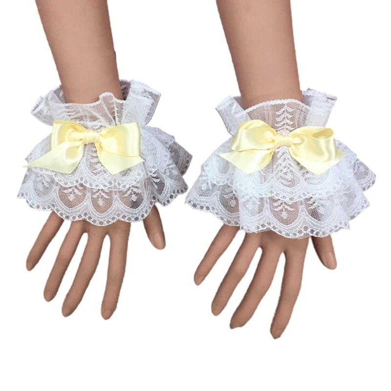 652F Japanese Lolita Hand Sleeve Wrist Cuffs Sweet Ruffled Lace Multicolor Bowknot Maid Cosplay Bracelet for Wedding Party