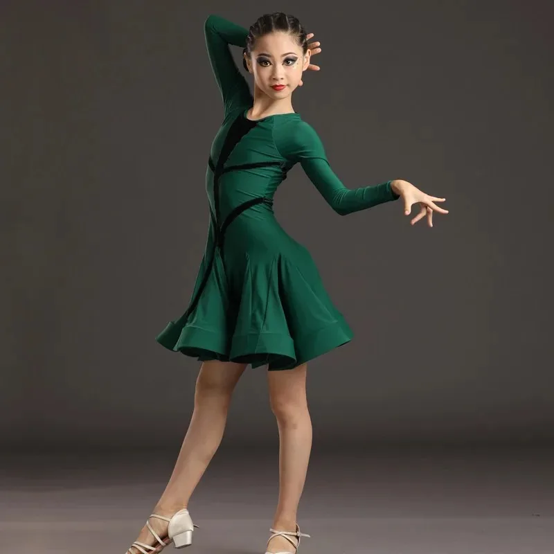 Theeper Girls Professional Latin Dance Competition Dress, Kids Standard Performance Practice Costume, Winter Ballroom Dance Wear