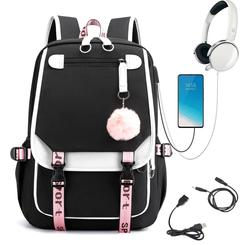 

Back To School Backpack for College Students Fashion Trend Backpack USB Laptop Bagpack Pink Black Girls School Bags for Teenager