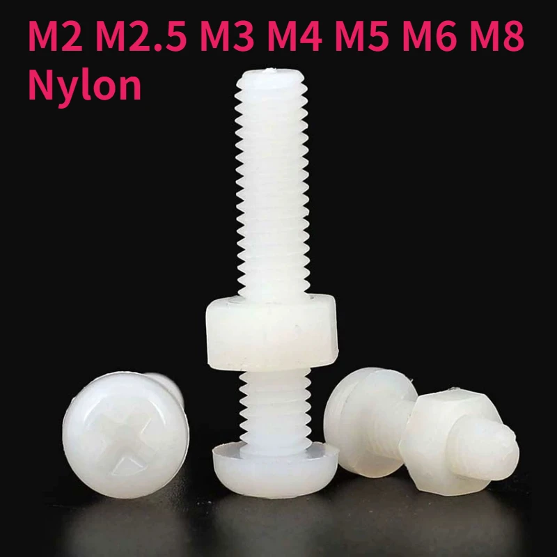 M2 M2.5 M3 M4 M5 M6 M8 White Nylon Screw Nut Set Round Head Cross Phillips Bolt Plastic Insulated Screw