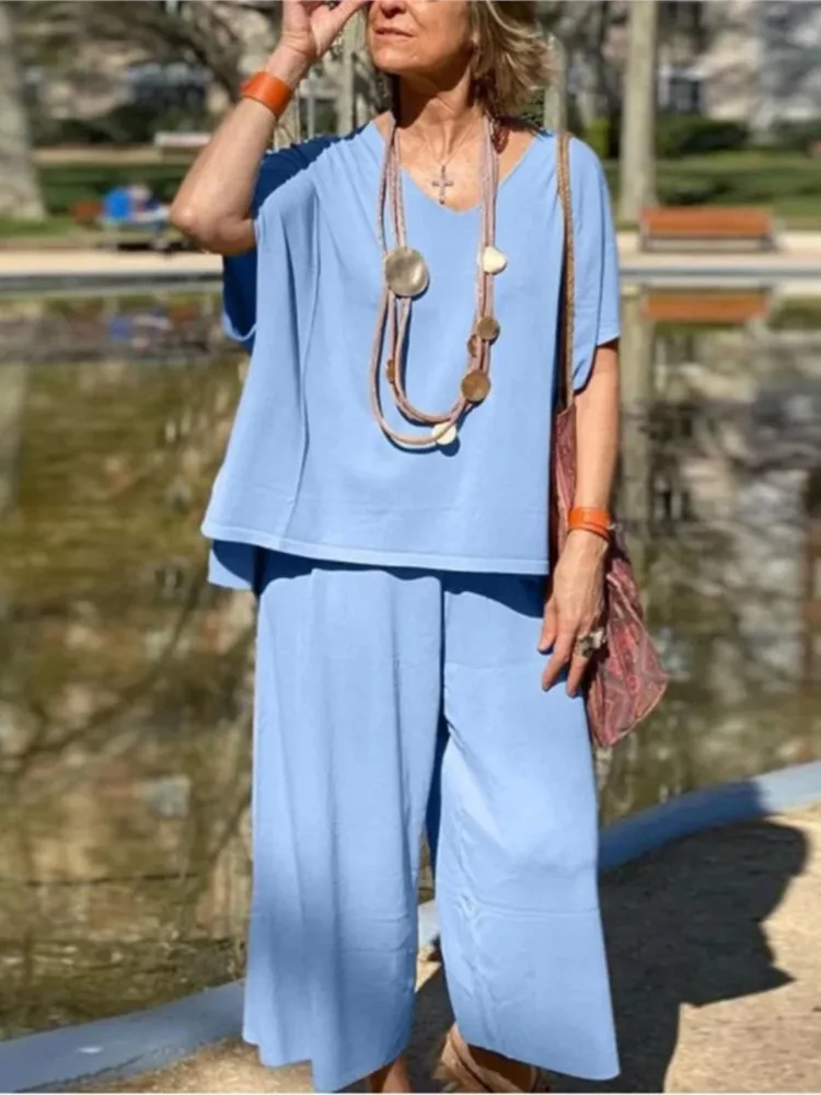 

Summer Cotton Linen Suit Short-sleeve Top Nine-point Wide-leg Pants Two-piece Set Fashion Casual Loose 2 Pieces Set For Woman