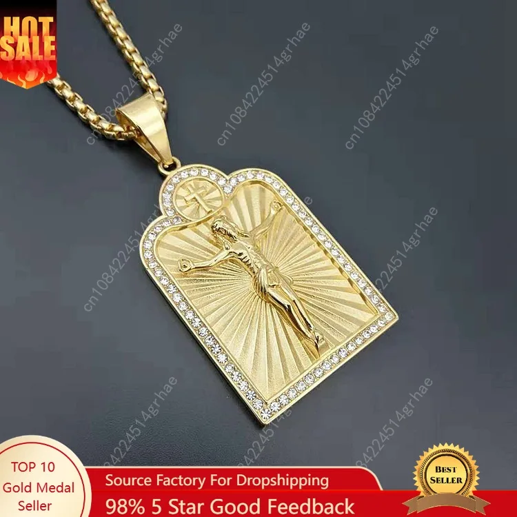 

316L Stainless Steel gold color Link Chain INRI Jesus Cross Crucifix Pendant&Necklaces Men Fashion Jewelry Father Gift