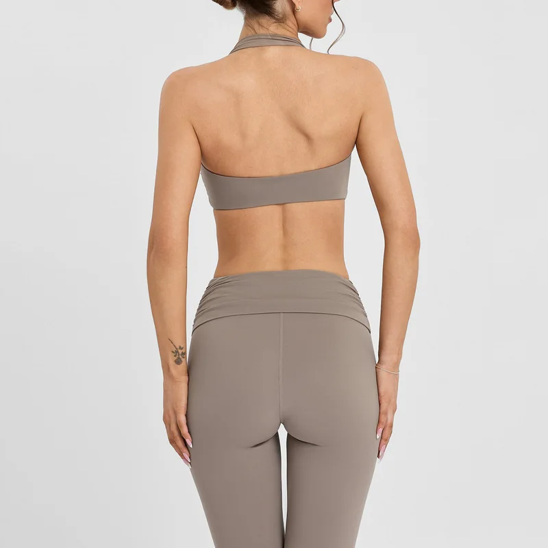New cross-border yoga outfit set with ruched high-elasticity nude-feel sports bra two-piece set for Pilates training and fitness