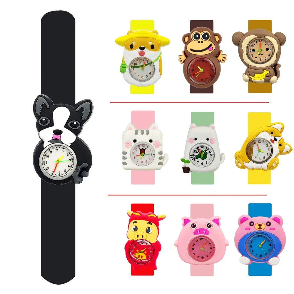 Dropshipping Slap Children Watches Cartoon Dog, Monkey, Cat, Pig Kids Watch Baby Learn Time Clock Toys Digital Wristwristes