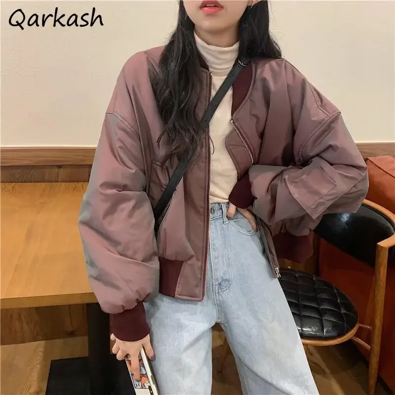 

Cropped Bomber Jackets Women Zipper Classic Purple Students All-match Ulzzang Trendy Streetwear Outwear Mujer Korean Cozy Warm