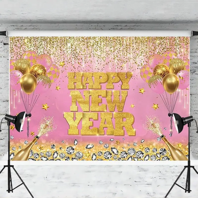 Pink and Gold Happy New Year Backdrop Countdown Shiny Champagne Fireworks Balloon Photography Background Party Decoration Banner