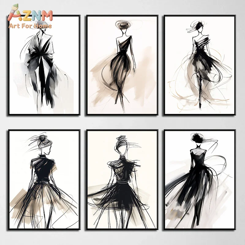 AZNM Fashion Sketch Canvas Wall Art Black & White Elegant Woman Dress Print Abstract Line Art Decor No Frame