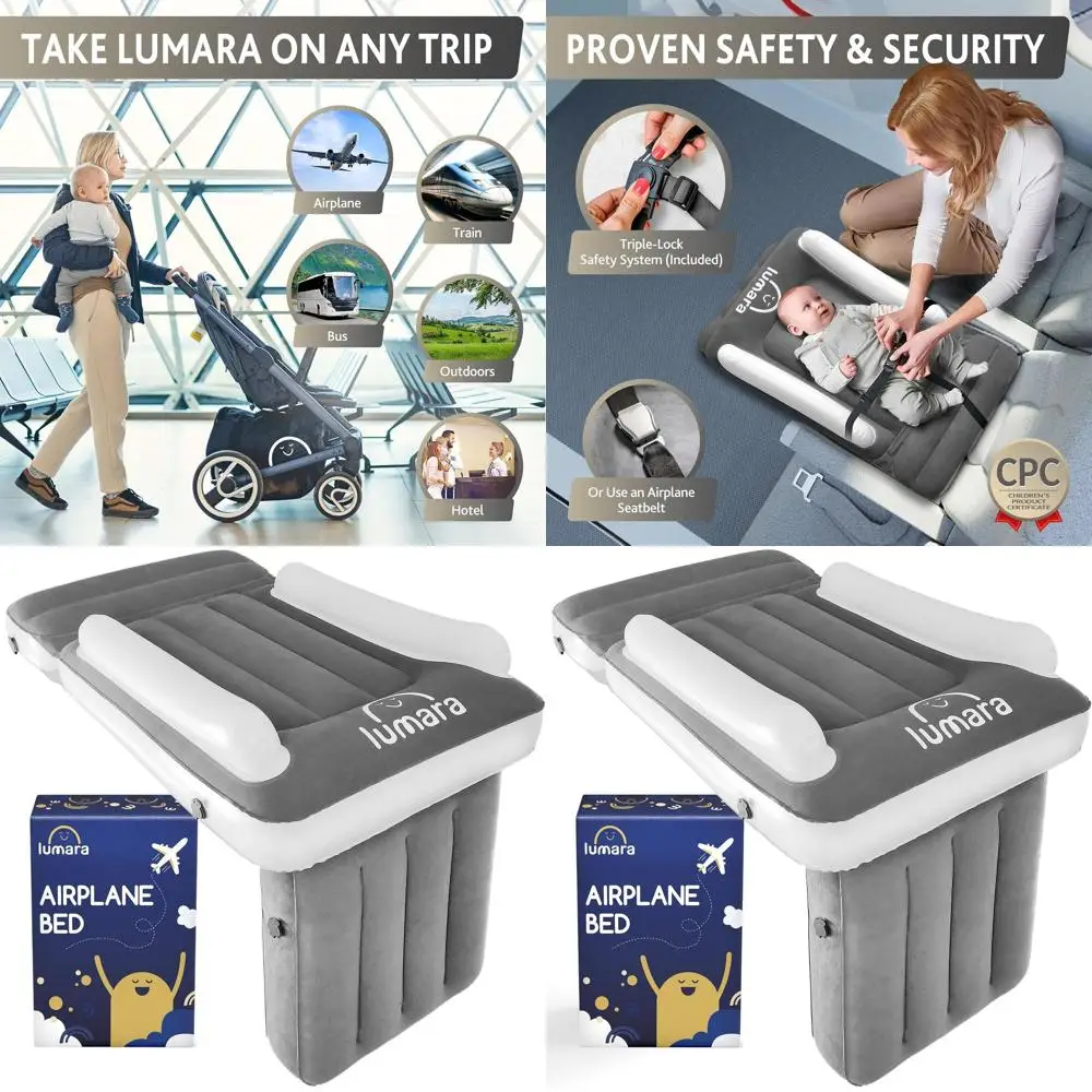 

Inflatable Toddler Airplane Bed - Portable Air Mattress for Kids, Child Travel Sleep Bed with Safety Straps, No Pump Required, E