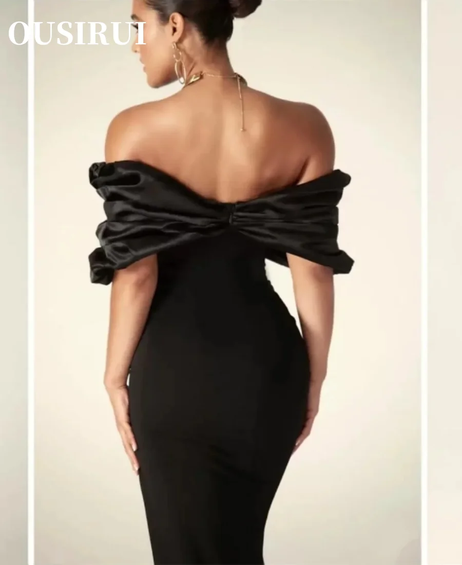 Prom Party Gowns Satin High Slit Off Shoulder Robe de soiree Floor Length 2024 New Split Black Formal Evening Dresses Celebrity