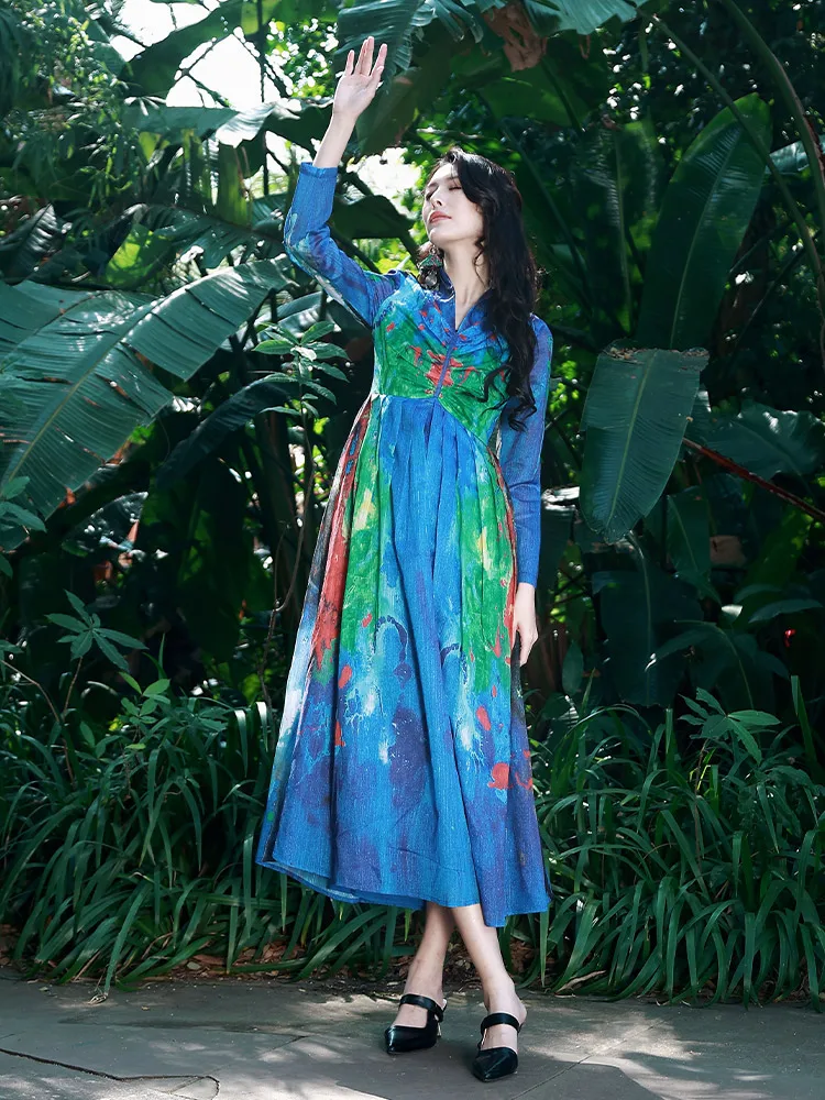 

Женское платье-халат с длинным рукавом, А-силуэт, оригинальный дизайн, с принтом в национальном стиле, воротник-стойка, Yang Li Quyue Cloud Robe