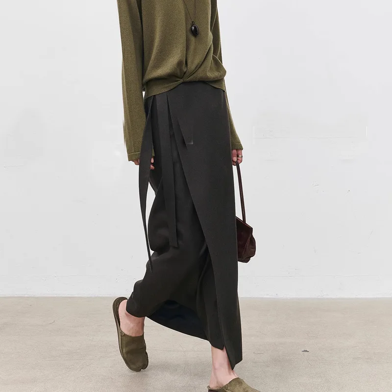 EAEOVNI Elegante Wollen Lange Rok Voor Vrouwen Lace-up Verzamelde Taille Effen Kleur Een Lijn Lange Rokken Mode 2026 nieuwe Kleding