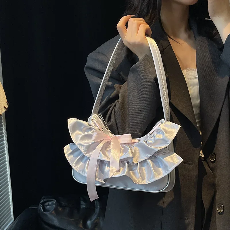 

Симпатичная сумка подмышки с рюшами Модная универсальная маленькая сумка-тоут для женщин Сумки на плечо Кошелек и сумка Дизайнерские сумки Сумка Женская