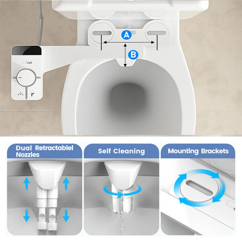 White Adjustable Bidet Attachment Water Pressure Non-Electric Ass Sprayer Ultra-Slim Toilet Seat Attachment Dual Nozzle Bidet