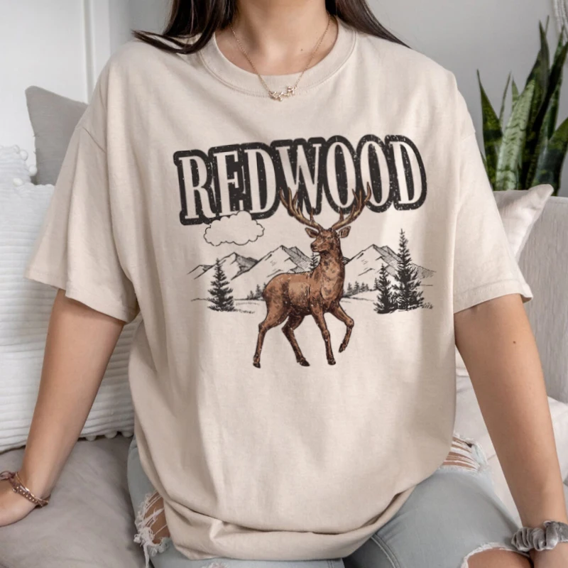 Redwood Mountain Deer Oversized T Shirt Short Sleeve Cute Fashion Hiking Travel T-shirts Women Vintage Aesthetic Graphic Tee Top