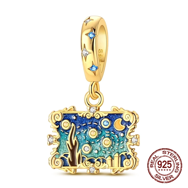 925 Sterling Silver Starry Night Inspired Art Painting Dangle Charm Gradient Pendant Fit Bracelets Jewelry for Women DIY Gift