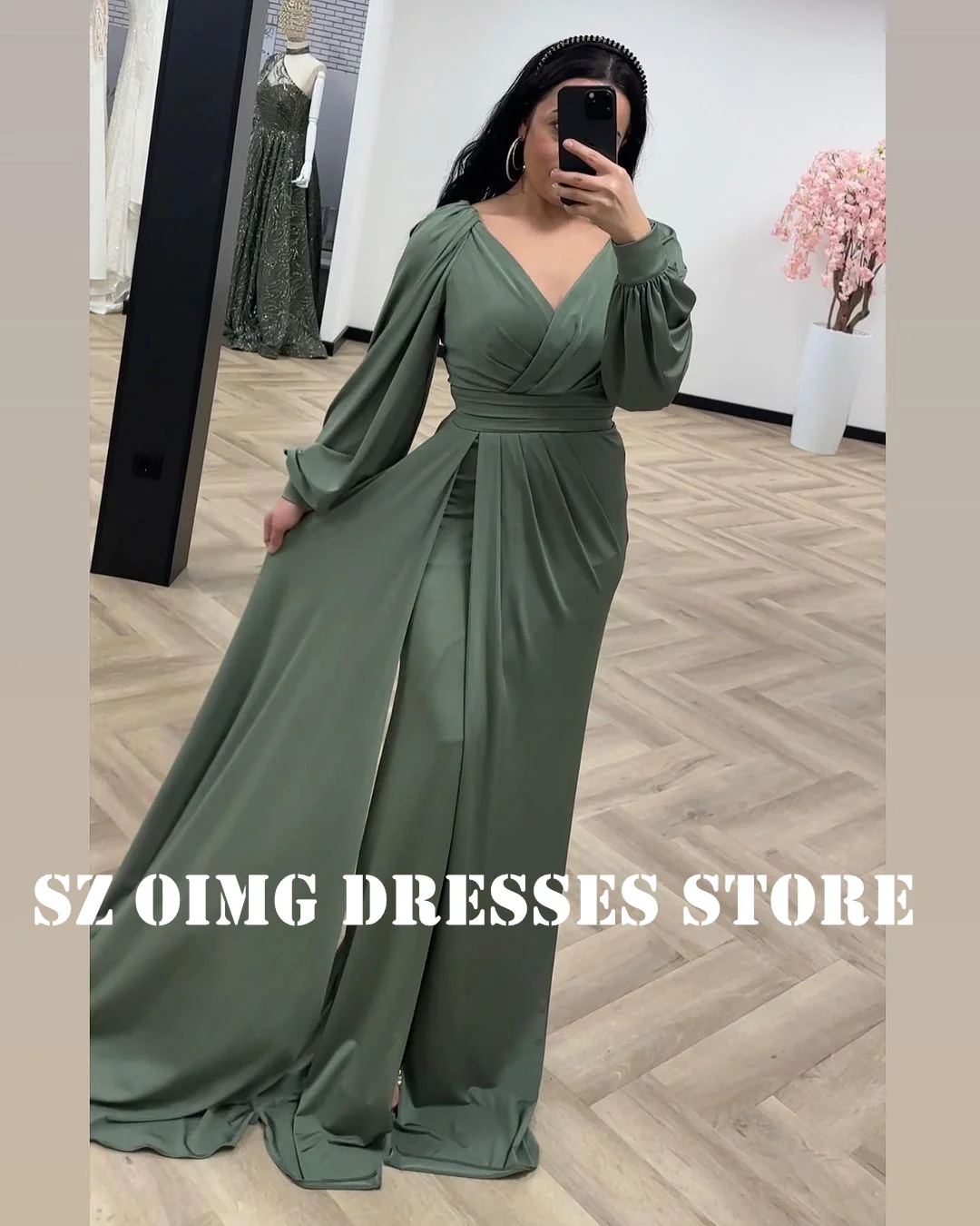 

OIMG New Design V-Neck Satin A-Line Prom Dresses Saudi Arabic Women Puff Sleeves Green Split Evening Gowns Formal Party Dress