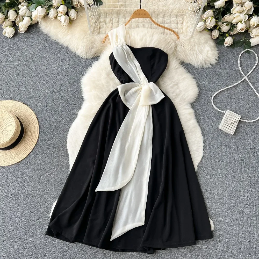 Chic Elegant Sleeveless Strapless Dress Beach Vacation Party Diagonal Collar Single Shoulder Dress Women Summer A-line Vestidos