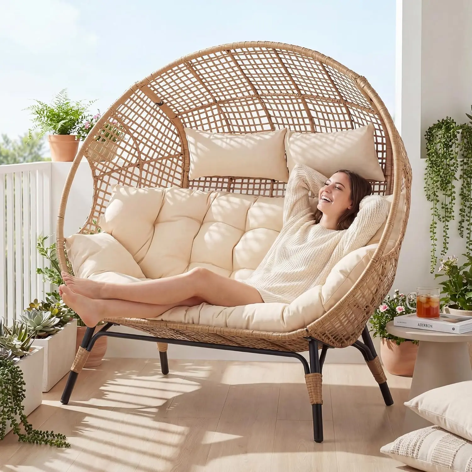 Oversized Double Egg Loveseat 680lb Wicker Rattan Cushioned Patio Balcony Garden Indoor Customized image 4