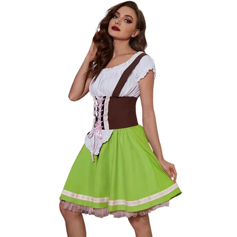 Octoberfest Dress Women German Bavarian Beer Maid Waitress Dirndl White Shirt Lace Up Corset Halloween Cosplay Costume Green