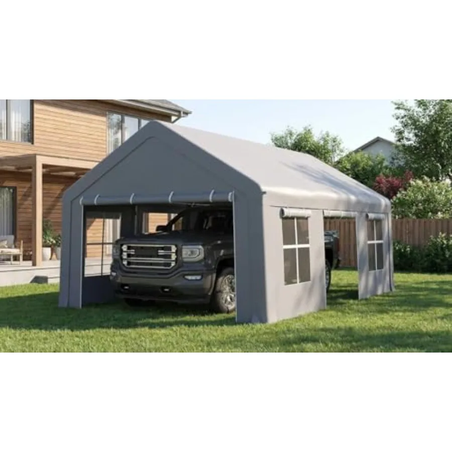 Outdoor carport tent for car/truck: 13x20 ft heavy-duty portable garage with waterproof UV-protected PE material, gray color, 5