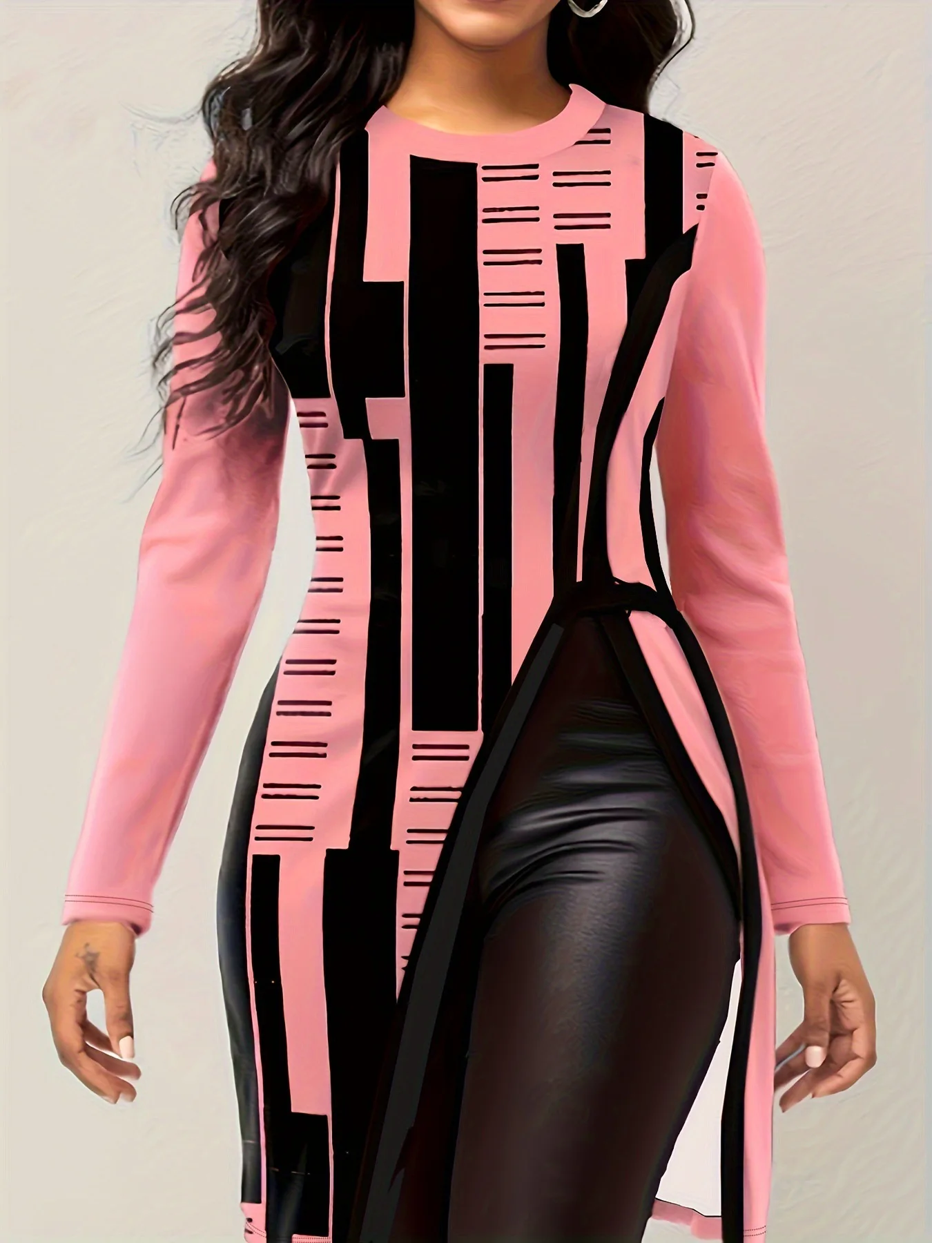 

2025 Spring Summer Women's Geometric Print Dress Long Sleeve Round Neck Split Hem Casual Midi Dress Long Tunics Women Clothings