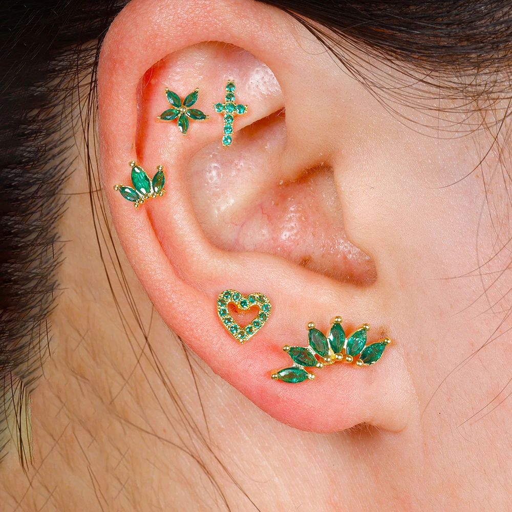 Fashion Green Zircon Stainless Steel Minimal Stud Earrings Small Helix Tragus Cartilage Cross Heart Earring Piercing Jewelry 1pc
