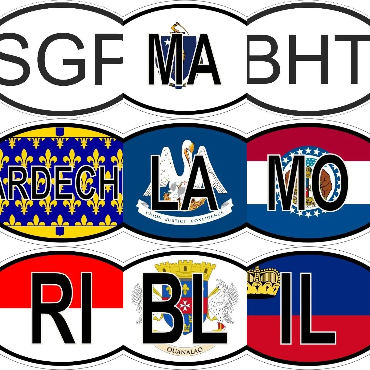 Ardeche MO Missouri SGP Singapore BHT LA MA BL RI Indonesia IL National Flag Code Abbreviation Sticker for Wall Room Car Van