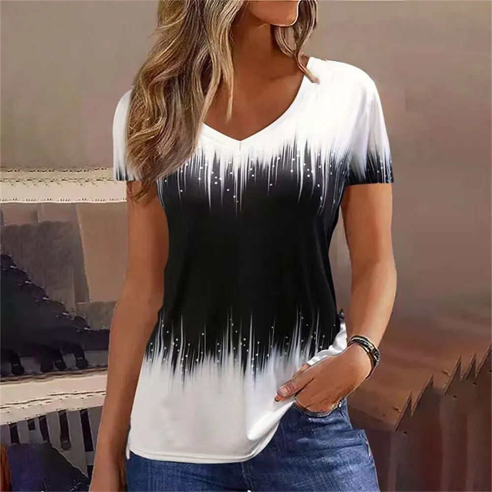 Women\'s T-Shirt Summer Stripe Short Sleeve Tee Shirt Fashion Blue V-Neck Female Clothing Casual New T-Shirt for Women Pullover