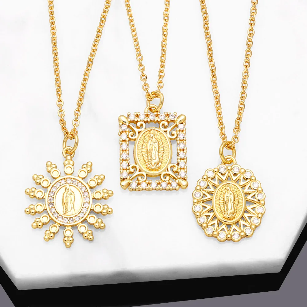 ASJEWELRY Small Gold Plated Virgin Mary Necklaces for Women Clear Crystal Guadalupe Necklaces Amulet Jewelry nkeb697