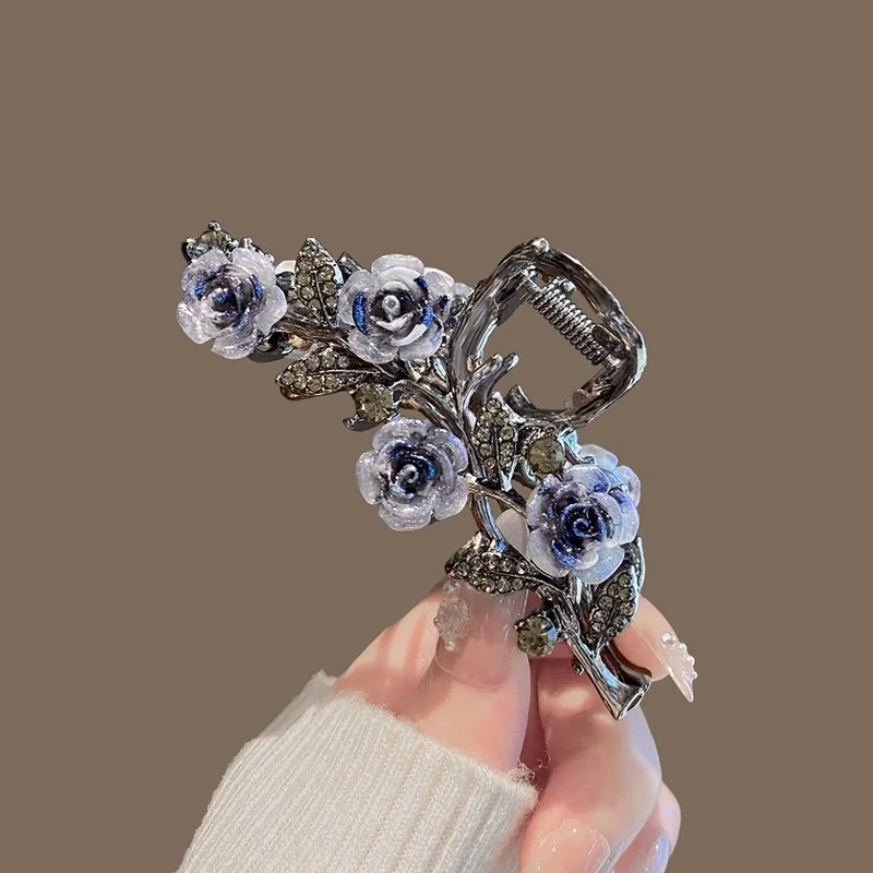 مشبك شعر على شكل زهرة زجاجية سوداء من جونميتال للنساء، دبوس شعر راقي ورائع، مشبك سمك القرش ذو الرأس الخلفي متوسط الحجم، مكانة متخصصة. #3