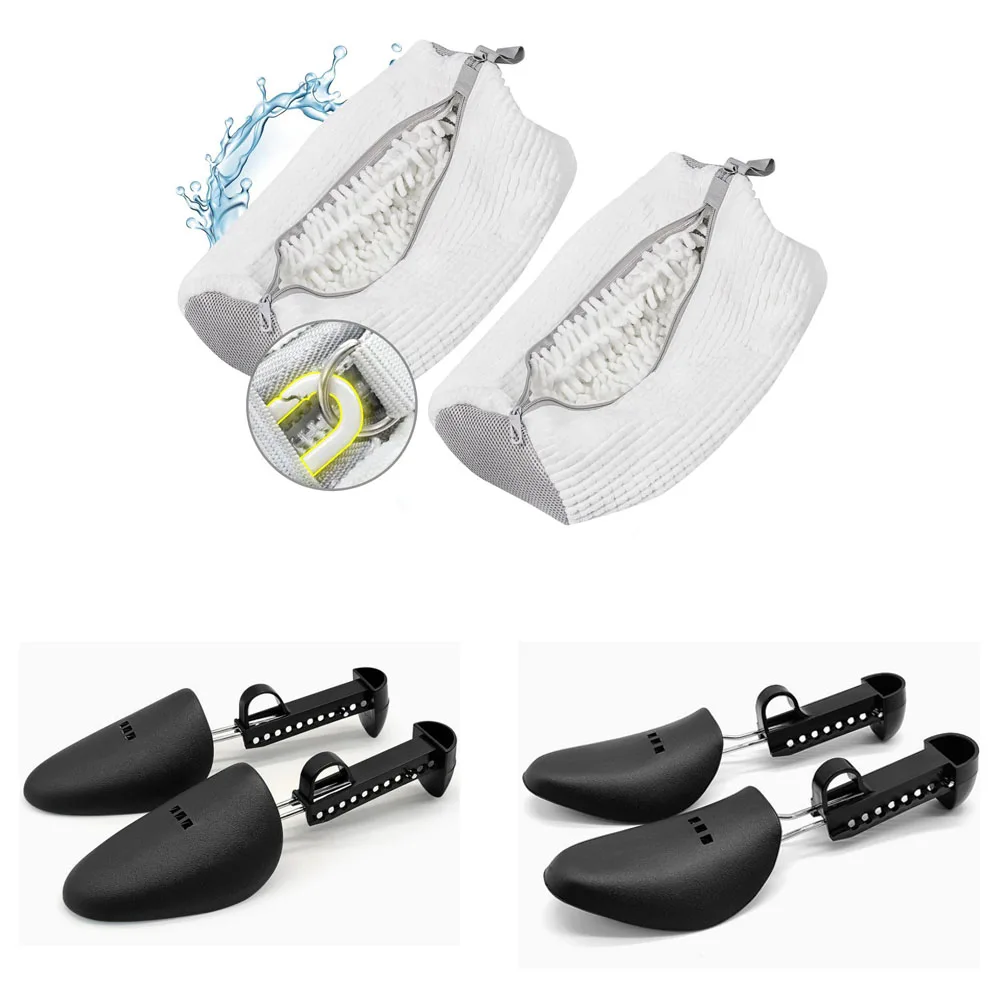 

2Pcs Shoe Washing Machine Bag With 4 Adjustable Shoe Trees For Washer And Dryer Sturdy Zipper With Hook Design Wash Shoes Bags