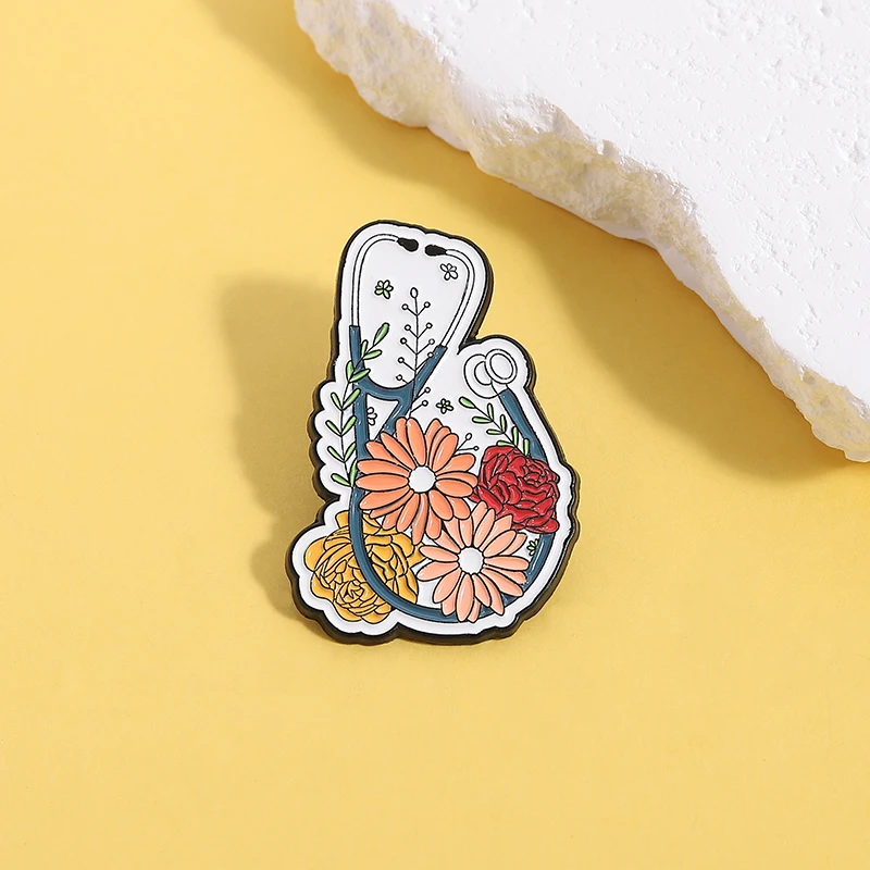 Floral Stethoscope Enamel Pin Doctor Nurse, Medical Equipment Brooch Brooch Lapel Backpack Badge Fashion Jewelry Gift for Friend