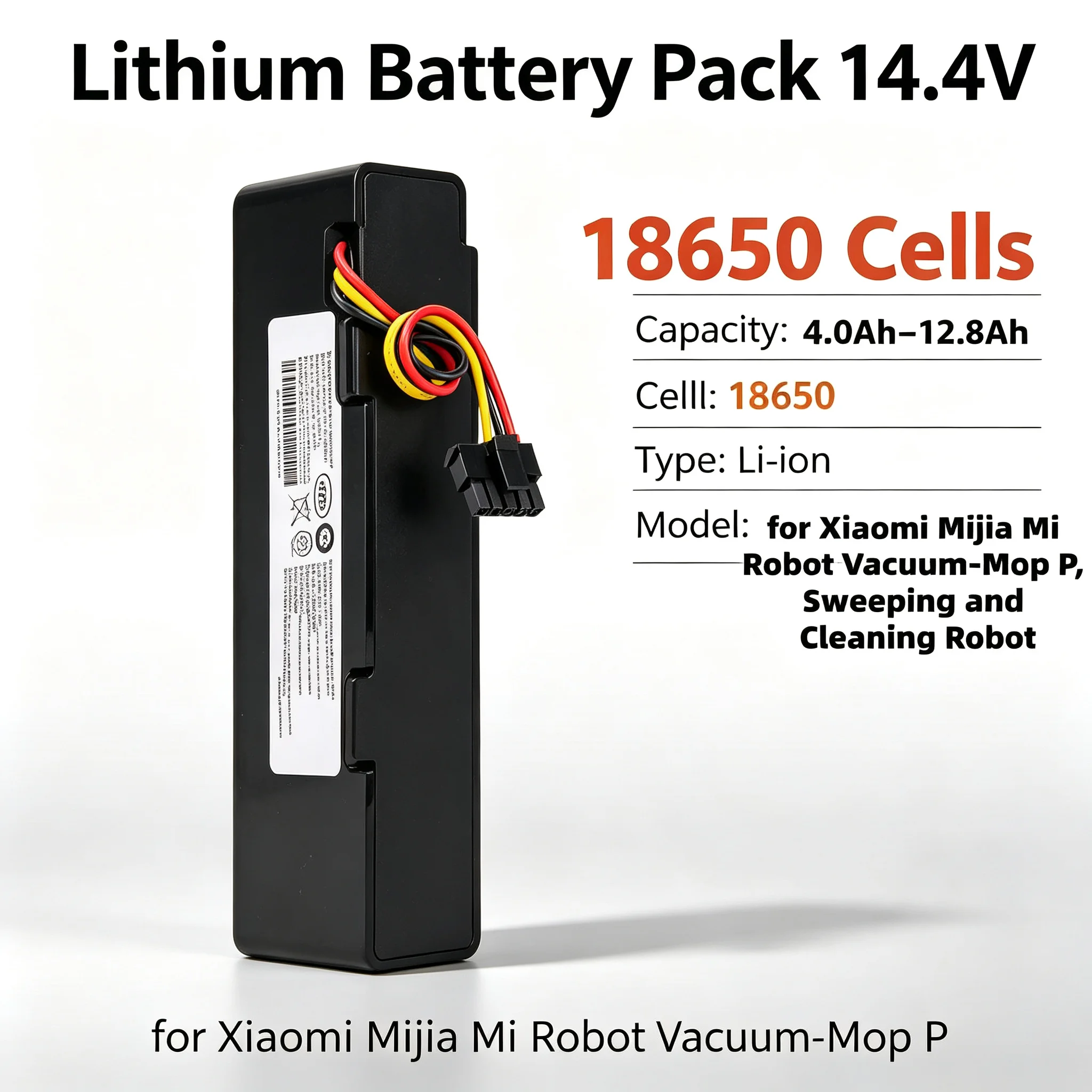 14.4V 12800mAh 4S1P 18650 Lithium‑ion Spare Battery Pack, Replacement for Xiaomi Mijia Mi Robot Vacuum‑Mop P STYTJ02YM