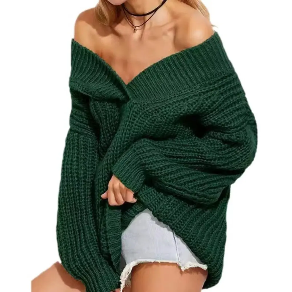 

Women's V-neck Thickened Soft Solid Color Sweater European American Style Warm Loose Fit Spring New Fashion Top