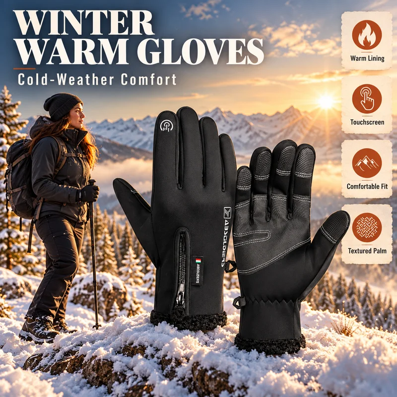 Fleece Trim Cuff Zipper Touch Screen Thermal Gloves Warm Winter Outdoor Gloves for Cycling Running Hiking