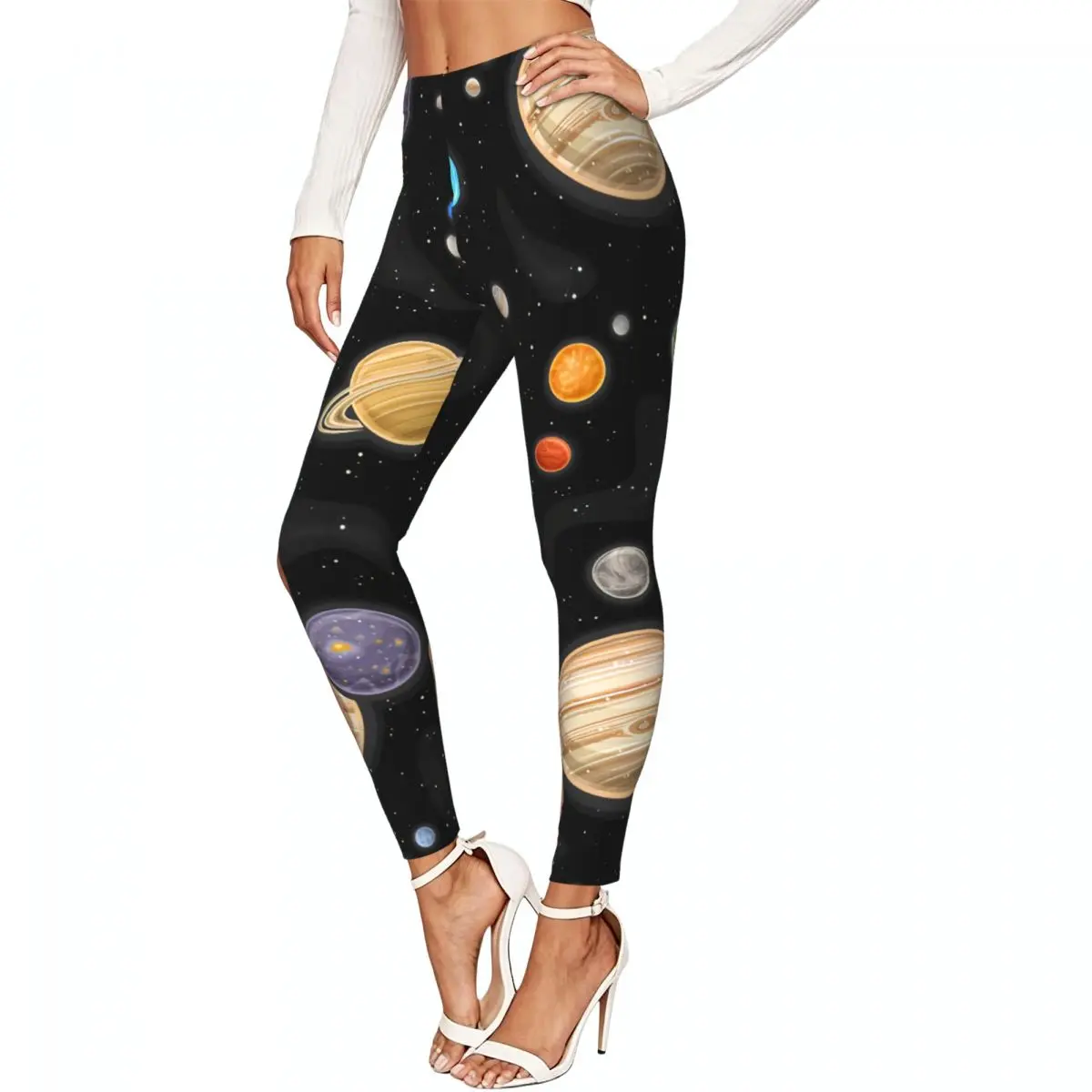 Casual Ladies Slim Leggings Space Planets And Stars Elastic High Waist Sports Daily Wear Trousers