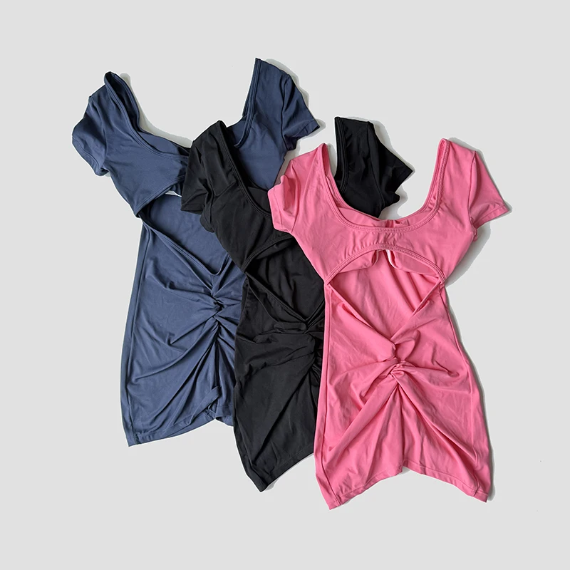 WAREBALL Backless Yoga Suit U Neck Padded Sports Jumpsuit Solid Color Threaded Stretch Women Bodysuit Set