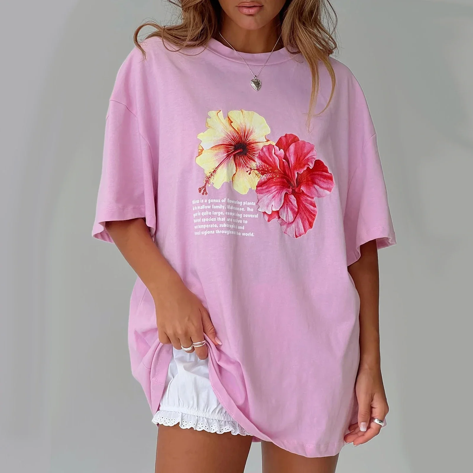 

Women's Graphic Short Sleeve T-Shirt Fashion Flower Letter Print Round Neck Casual Loose Tops for Summer