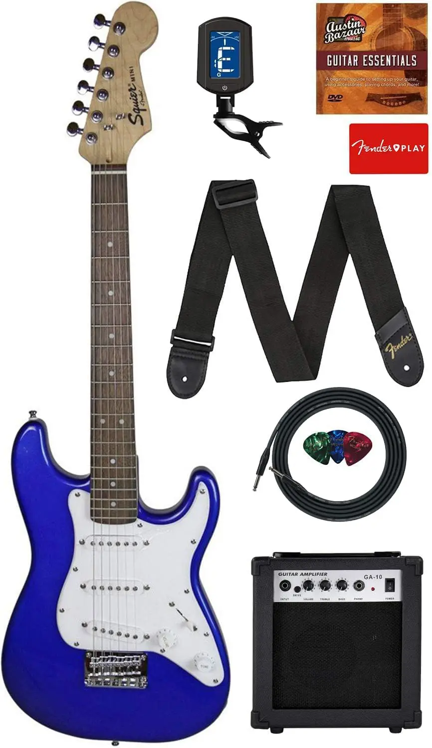 Squier 3/4-Size Kids Mini Strat Electric Guitar - Imperial Blue Bundle with Amplifier, Cable, Tuner, Strap, Picks, Online Lesson