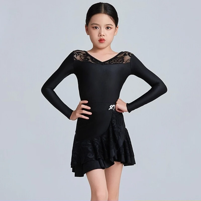 Zwarte Latin Dans Kleding Jumpsuit Meisjes Lange Mouwen Turnpakje Latin Tops Ballroom Dansvoorstelling Slijtage Cha Cha Body Kind