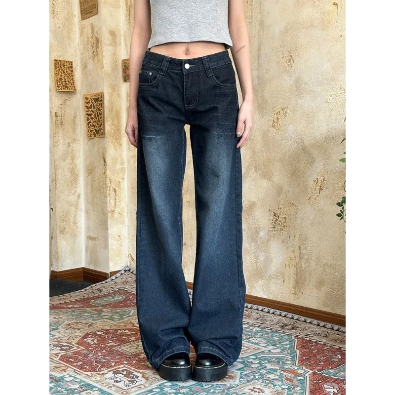 

Y2K Korean Vintage High Waist Women's Jeans Slimming Pear-Shaped Loose Straight Bell Bottoms Black Gray Baggy Denim Trousers