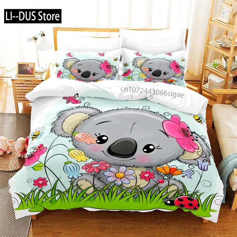 

Cartoon Koala Duvet Cover Microfiber Cute Animal Bedding Set Leaves Flowers Comforter Cover For Boys Girls Children Room Decor