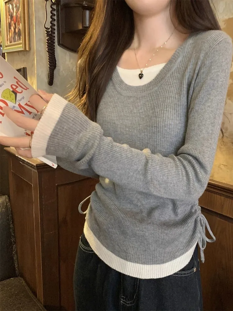 Chic Korean Style Long Sleeve Knitted Sweater Women's Slim Fit Autumn Winter New Style Drawstring Waist Inner Wear Top