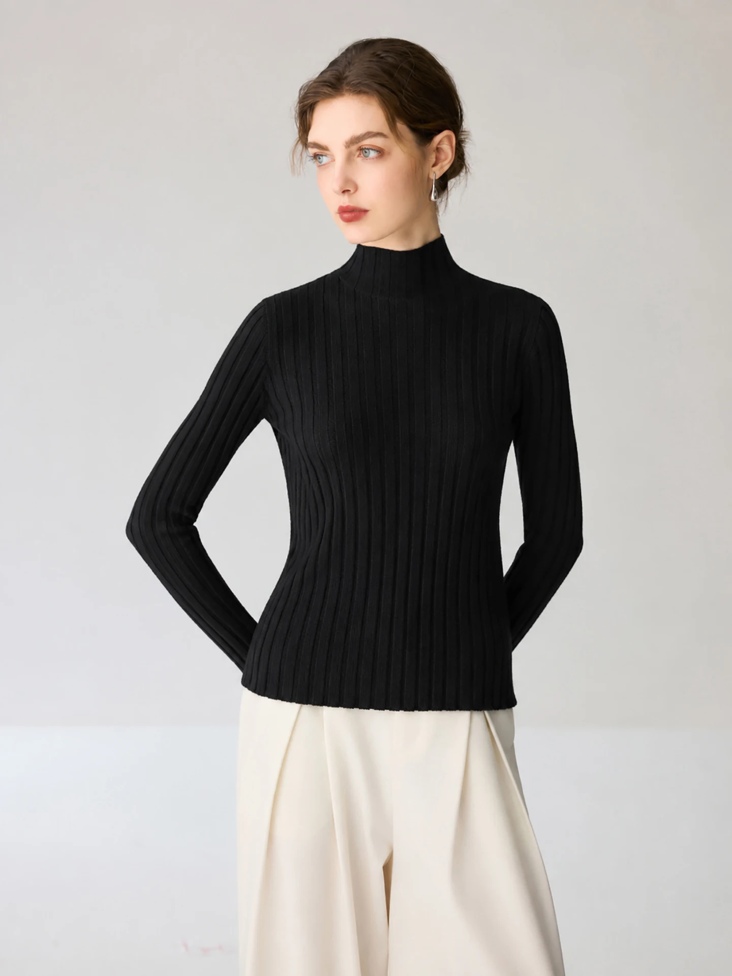 Basic Autumn Winter Woman 100% Merino Wool Sweater Mock-Neck Pullover Cashmere Knitwear Slim Fit Effortless Long Sleeve Tops