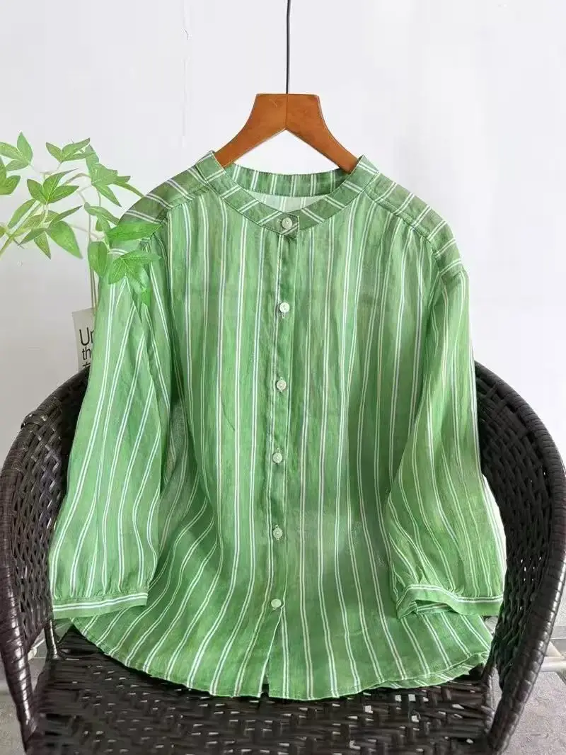 Pure Ramie Women's Green White Vertical Striped Blouse Half Sleeve 100% Ramie Shirts Summer Beach Vacation Work Tops